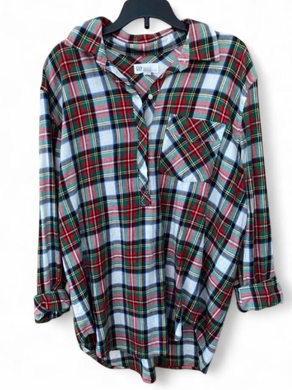 GAP Boyfriend Fit Red Green White Tartan Plaid Popover Button Down Shirt Medium